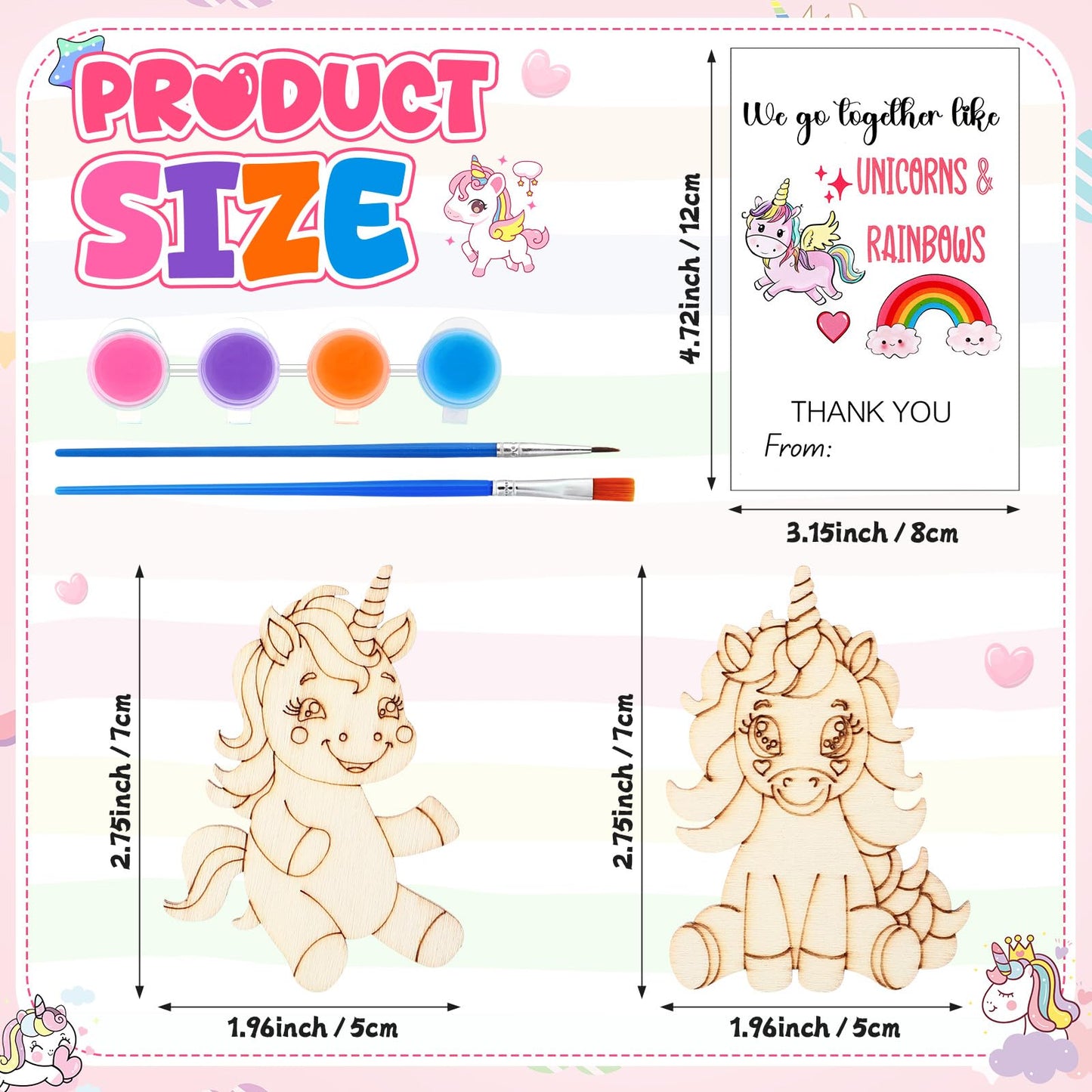 Leinuosen 28 Sets Unicorn Party Favors Wood Painting Craft Kits with Art Supplies and Inspirational Cards Thank You for Coming G
