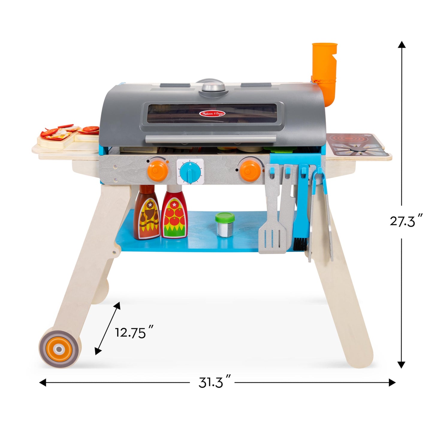 Melissa & Doug Wooden Deluxe Barbecue Grill, Smoker and Pizza Oven Play Food Toy for Pretend Play Cooking for Kids - FSC Certifi