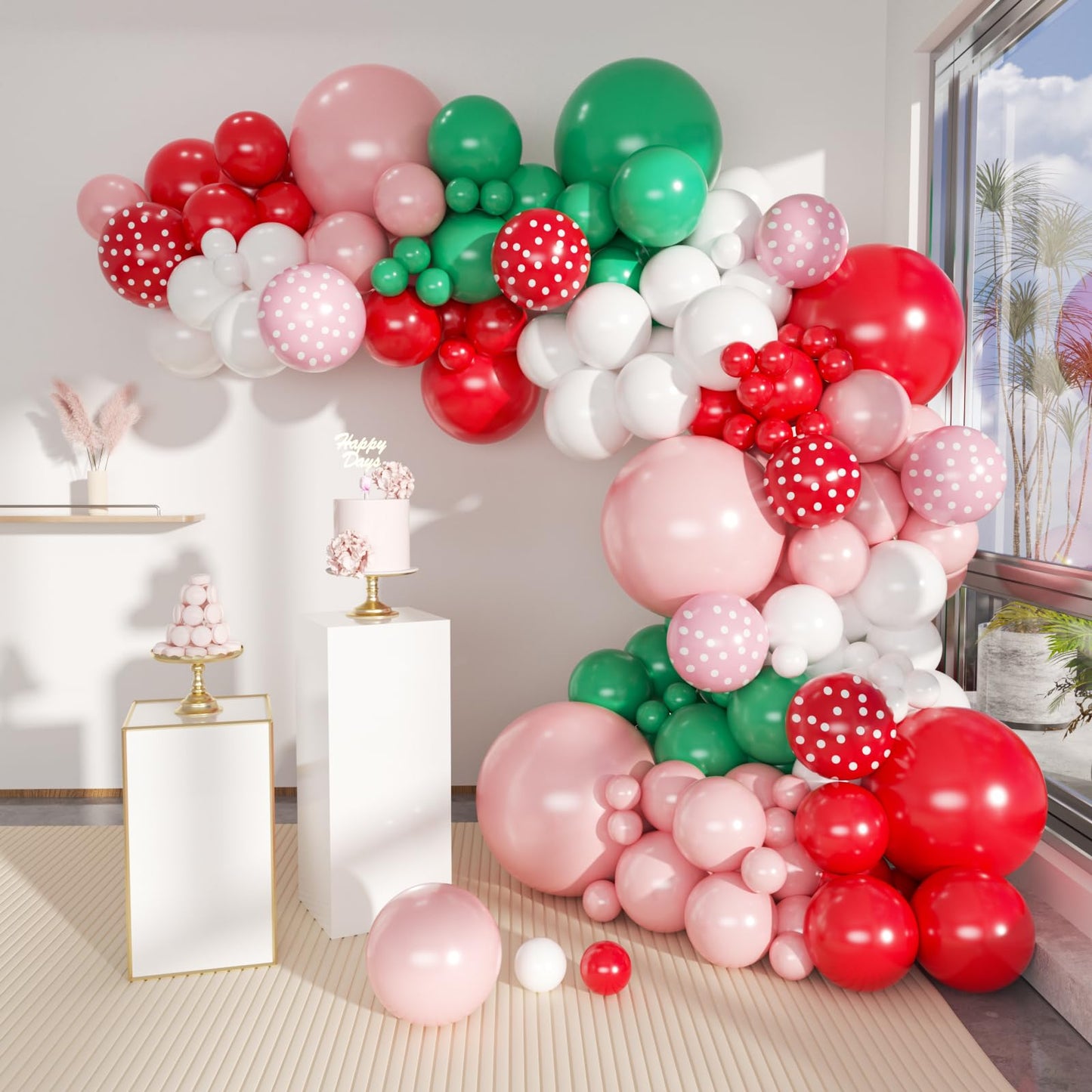 MEBAY Strawberry Balloons Garland Arch Kit, 156Pcs Berry Sweet Tender Pink Red Dark Green White Balloons for Fruit Themed Birthd