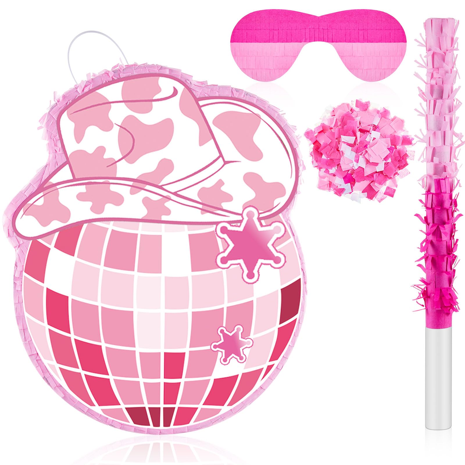 Lewtemi 15.7 Inch Cowboy Hat Piñata Western Cowboy Theme Birthday Party Decors Party Favors With Blindfold Stick Confetti Photo Prop Candy Holder Valentine'S Party Supplies (Pink, Disco Ball)