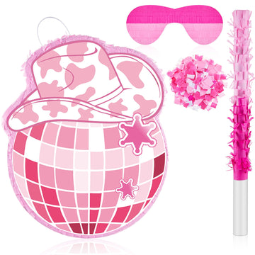 Lewtemi 15.7 Inch Cowboy Hat Piñata Western Cowboy Theme Birthday Party Decors Party Favors With Blindfold Stick Confetti Photo Prop Candy Holder Valentine'S Party Supplies (Pink, Disco Ball)