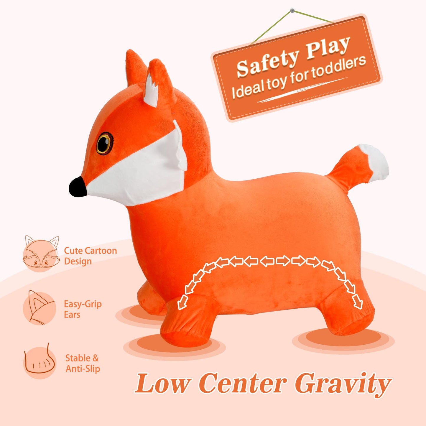 INPANY Bouncy Horse  Fox Hopper Toys  Toddlers Bouncing Animal Hopping  Plush Bounce Buddies  Inflatable Ride on Rubber Bouncer  Indoor Outdoor Birthday Gifts Toy for 2 3 4 Year Old Girls Boys