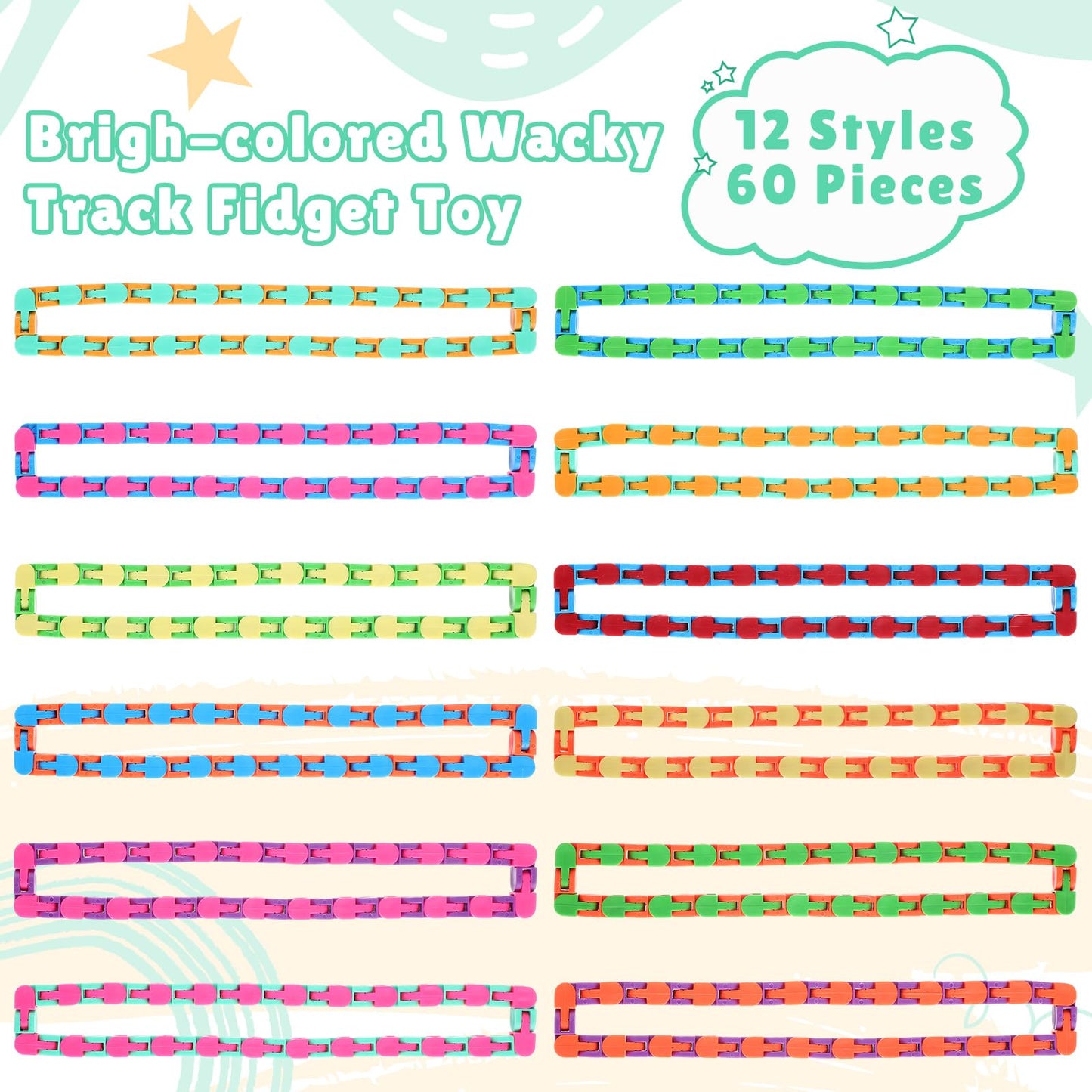 Sotiff 60 Pieces Wacky Track Fidget Toy Fidget Wacky Tracks Snap Colorful Snake Toys Gifts for Kids mature-themed Autism Stress Relief Therapy Toys Keeps Mind Focused(Classic Color 48 Links)