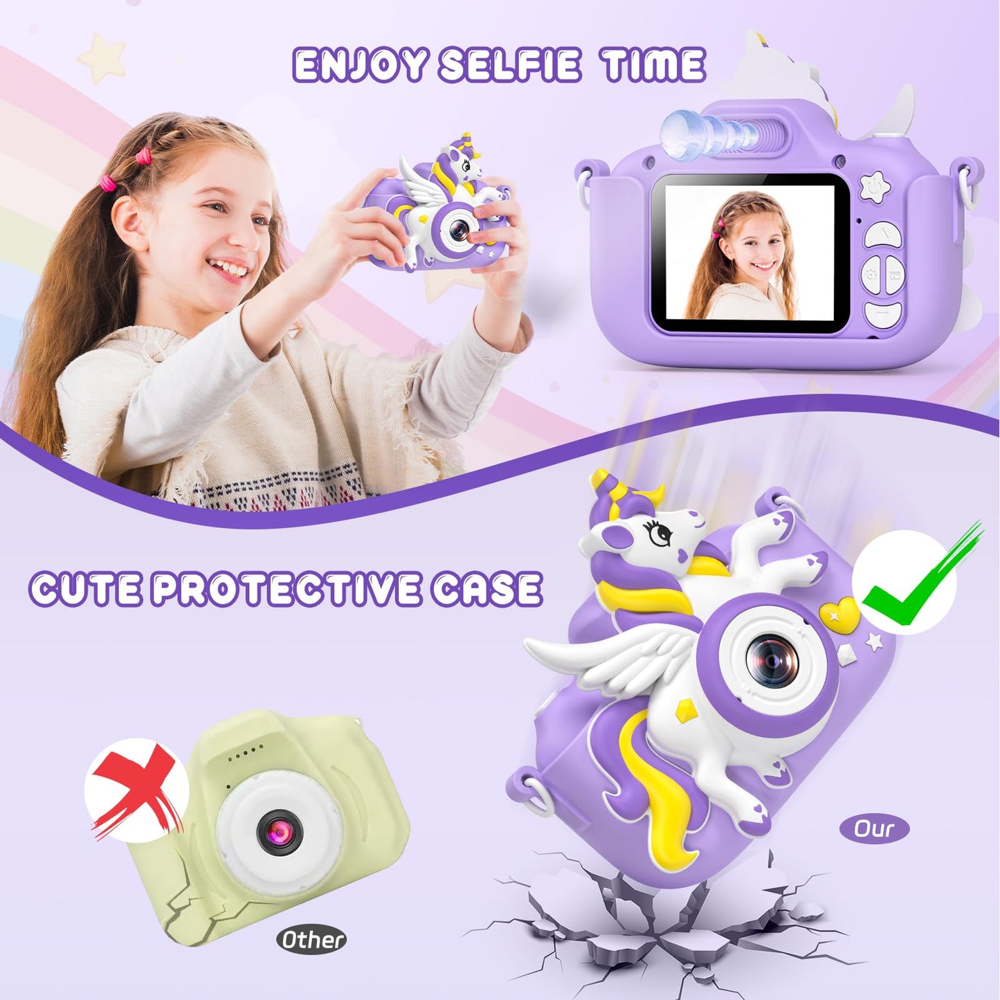 Kids Camera Toys Digital Camera For Kids, Christmas Birthday Gifts For Girls Age 3-12, Selfie 1080P Hd Video Digital Camera For 3 4 5 6 7 8 9 10 Year Old Girls With 32Gb Sd Card