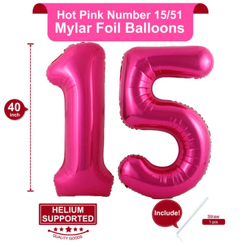 LHOAVWE 40 Inch Hot Pink 15 Number Balloons Foil Mylar for 15th Birthday Party Decorations