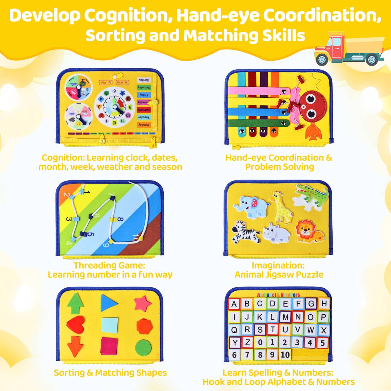 Esjay Toddler Busy Board - Montessori Sensory Book, Small Yellow Fabric Educational Toy, Model All win deer202104193268
