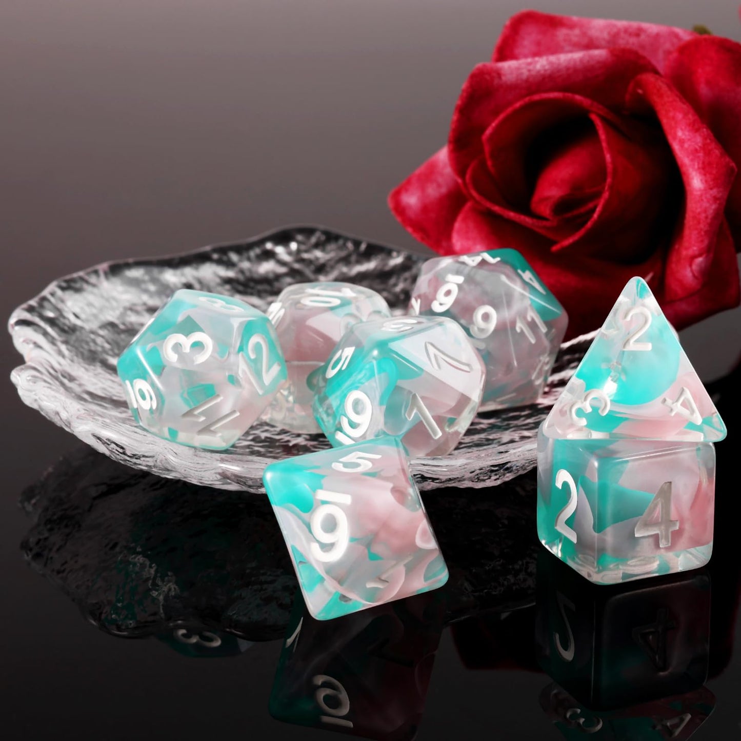 Resin DND Dice Set,Pink Cyan Flower Transparent D&D Dice Filled with Glass Bead Flake Polyhedral Dice for Dungeons and Dragons D