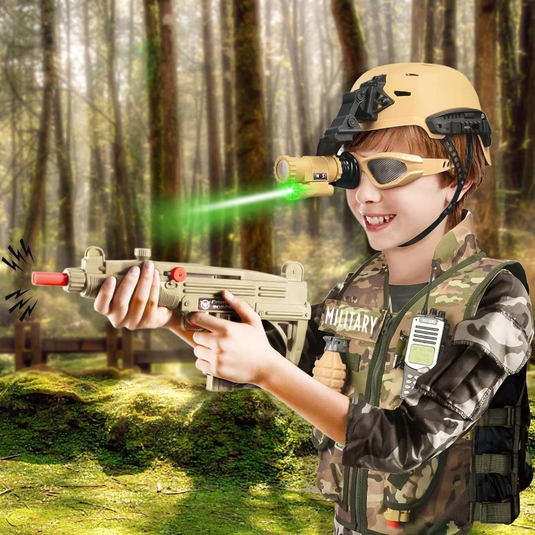 deAO Army Costume for Boys  Military Soldier Gear Accessories with Uniform Helmet and Storage Backpack Halloween Army Combat Costume Police Set Dress Up Toys for Kids Girls