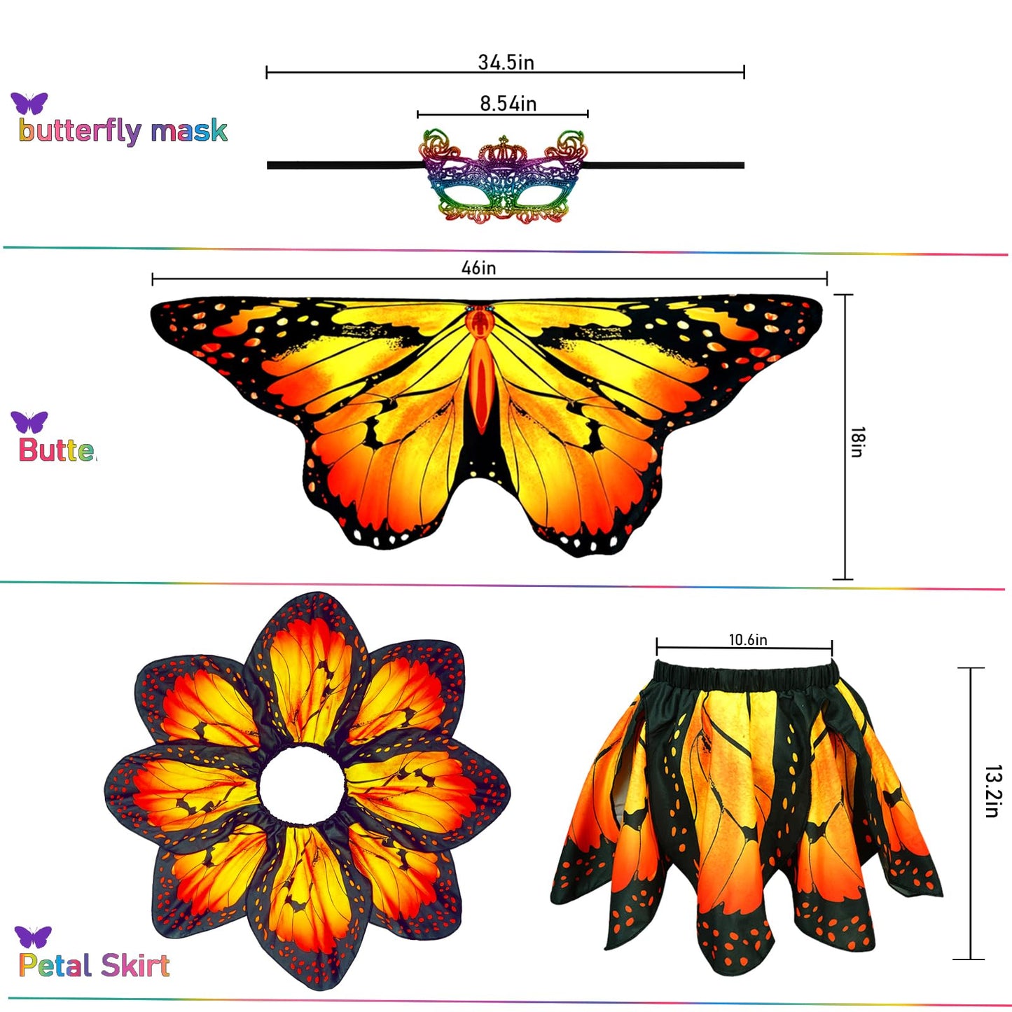 Sunlisky Kids Butterfly Wings Costume For Girls Fairy-Wings Toddler Dress Up Play Costumes Butterfly Skirt Set Mask Party Favors
