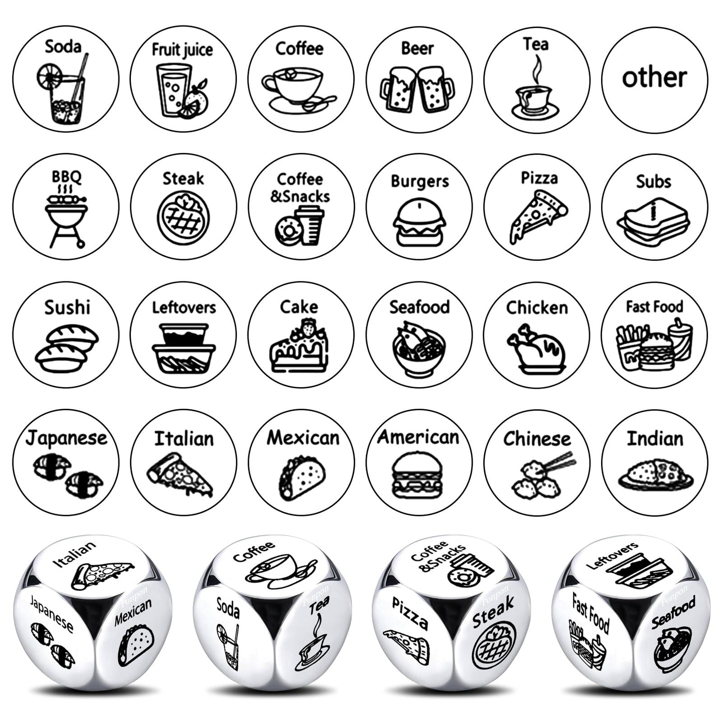 Ponpon 4Pcs Food Decision Dice, Metal Food Dice Game, Funny Gift for Couples Girlfriend Boyfriend Wife Husband on Anniversary Va