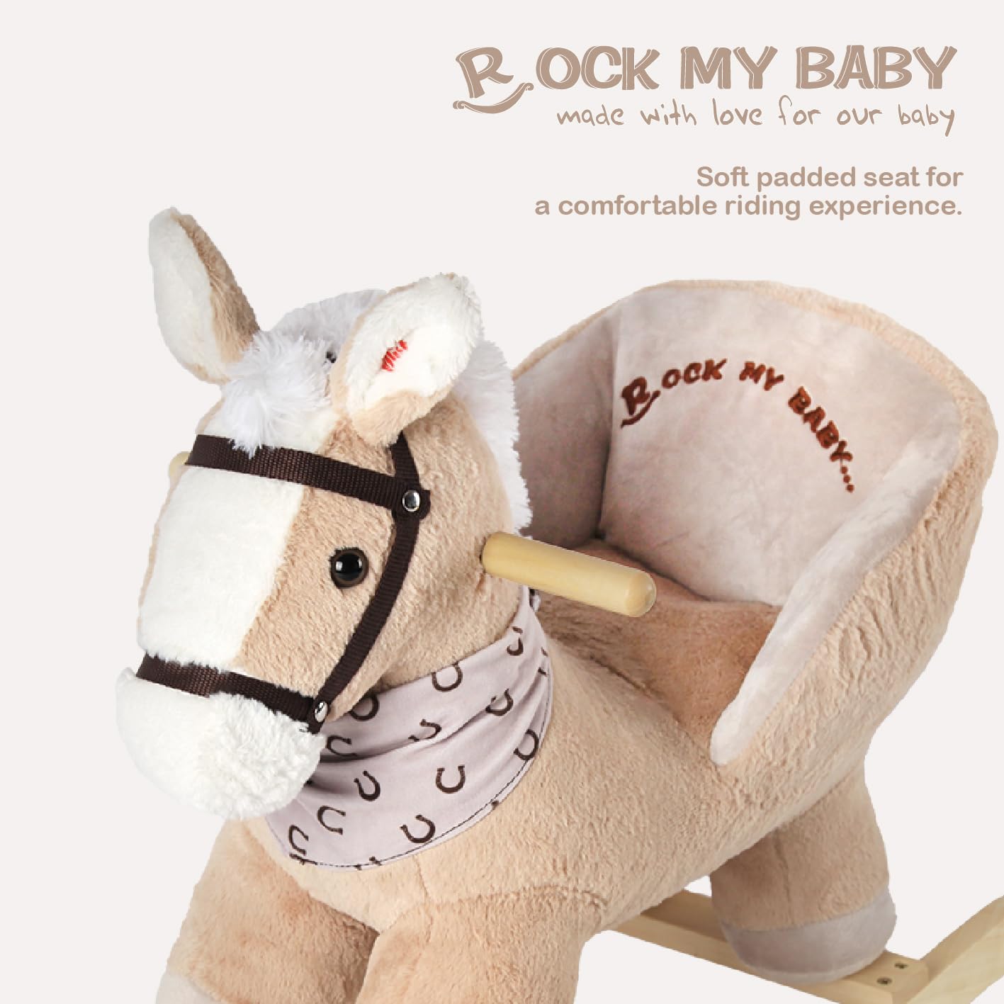 Rock My Baby Rocking Horse, Baby Animal Rocking Horse with Seat, Ride on Horse, Plush Rocking Horse with Realistic Sound, Wooden