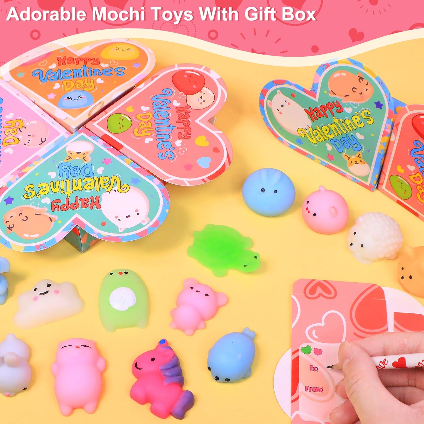 28 Pack Valentines Day Gifts Animals Mochi Squishies Toys With Heart Boxes Valentines Cards For Kids School Classroom Exchange S