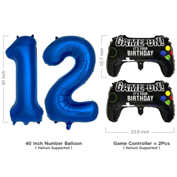 Navy Blue Video Game Party Supplies Boys 12Th Birthday Party Decorations- 2 Packs Game On Balloons With Dark Blue Number 12 Ball