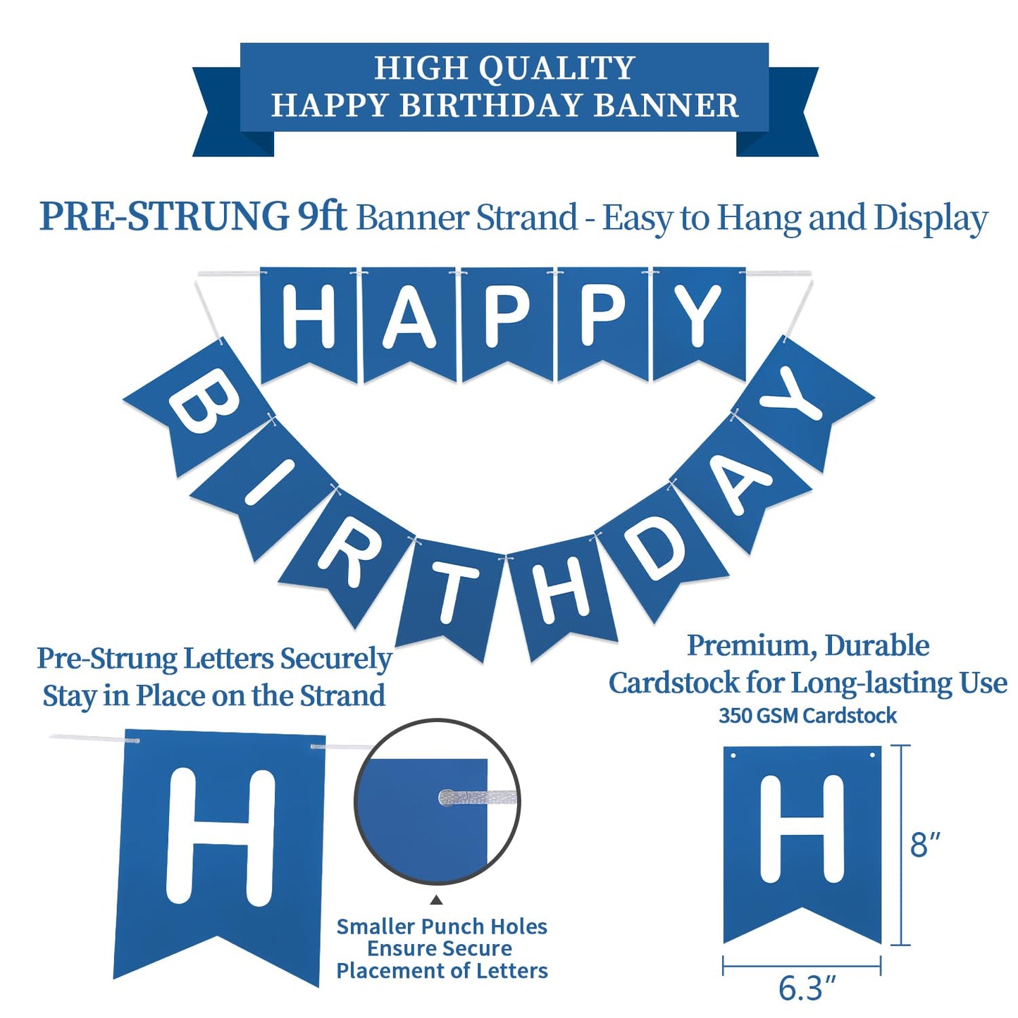 LITAUS, Birthday Decorations, NO DIY - Pack of 17 | Navy Blue Happy Birthday Banner, Honeycomb Balls, Swirls, Garland | Happy Bi