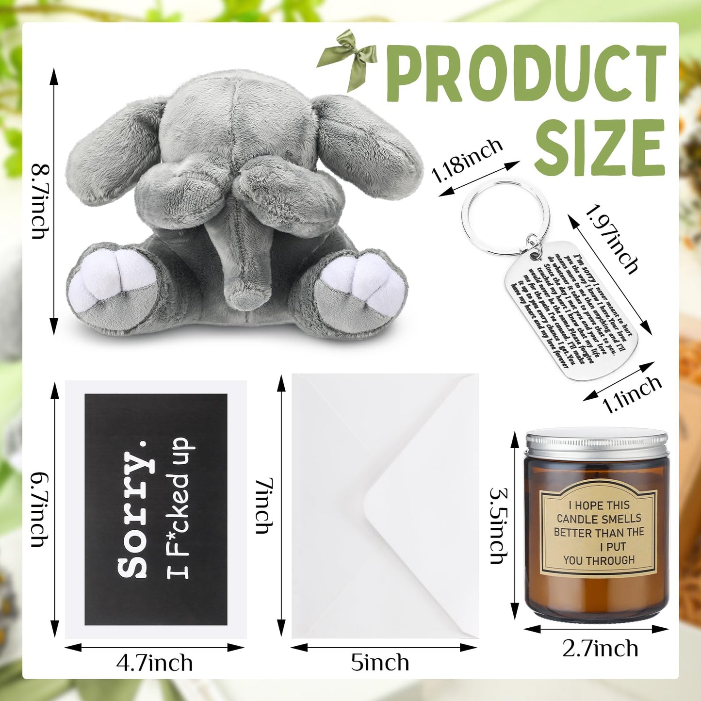 HyDren 5 Pcs I'm Sorry Gifts Set - Elephant Plush, Candle, Keychain, Card - Apology Present for Men, Women, Kids - Multiple Colors