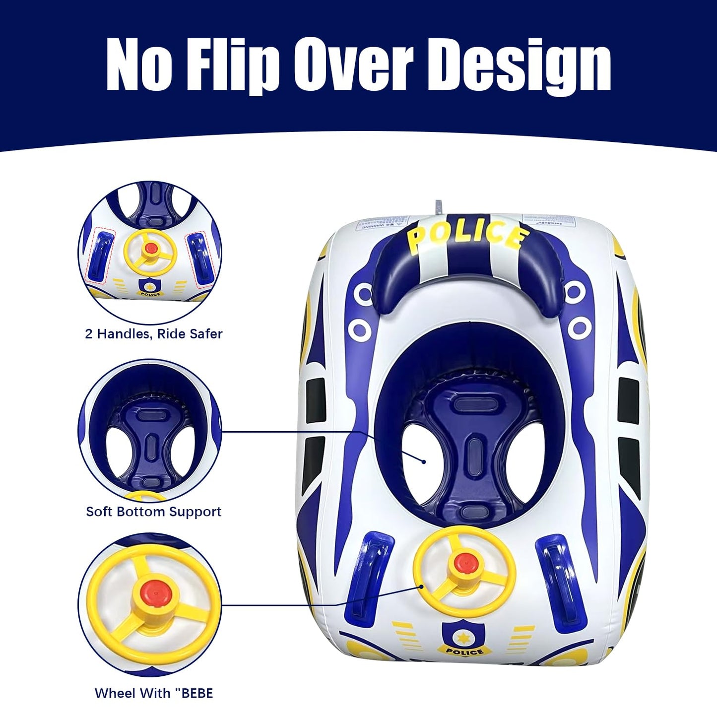 BOffer Baby Pool Float - 3D Police Car Design, Heavy Duty PVC, 31x24x0.54", Blue White, Model HH2025