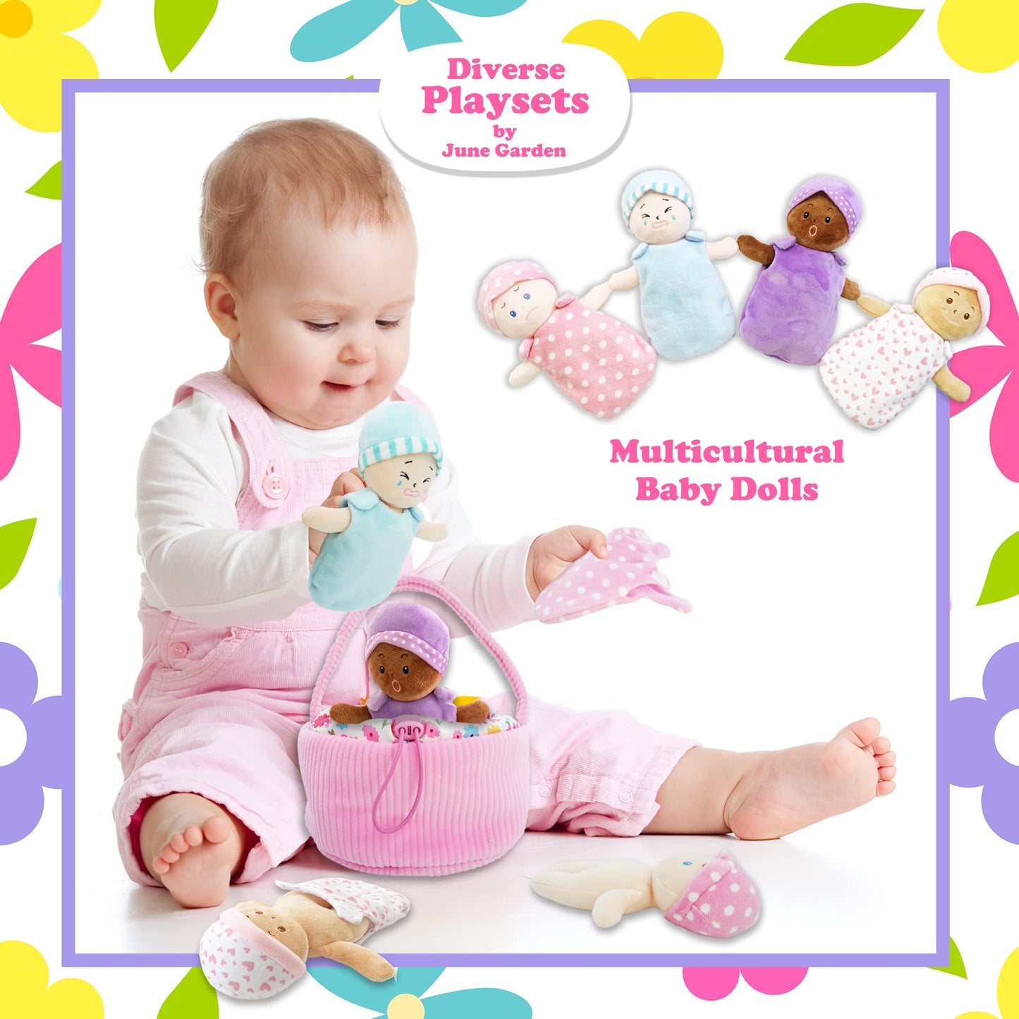June Garden My First Basket Plush Baby Doll Set - 4 Multicultural Soft Dolls, Skin-Friendly Fabric, for Infants and Toddlers