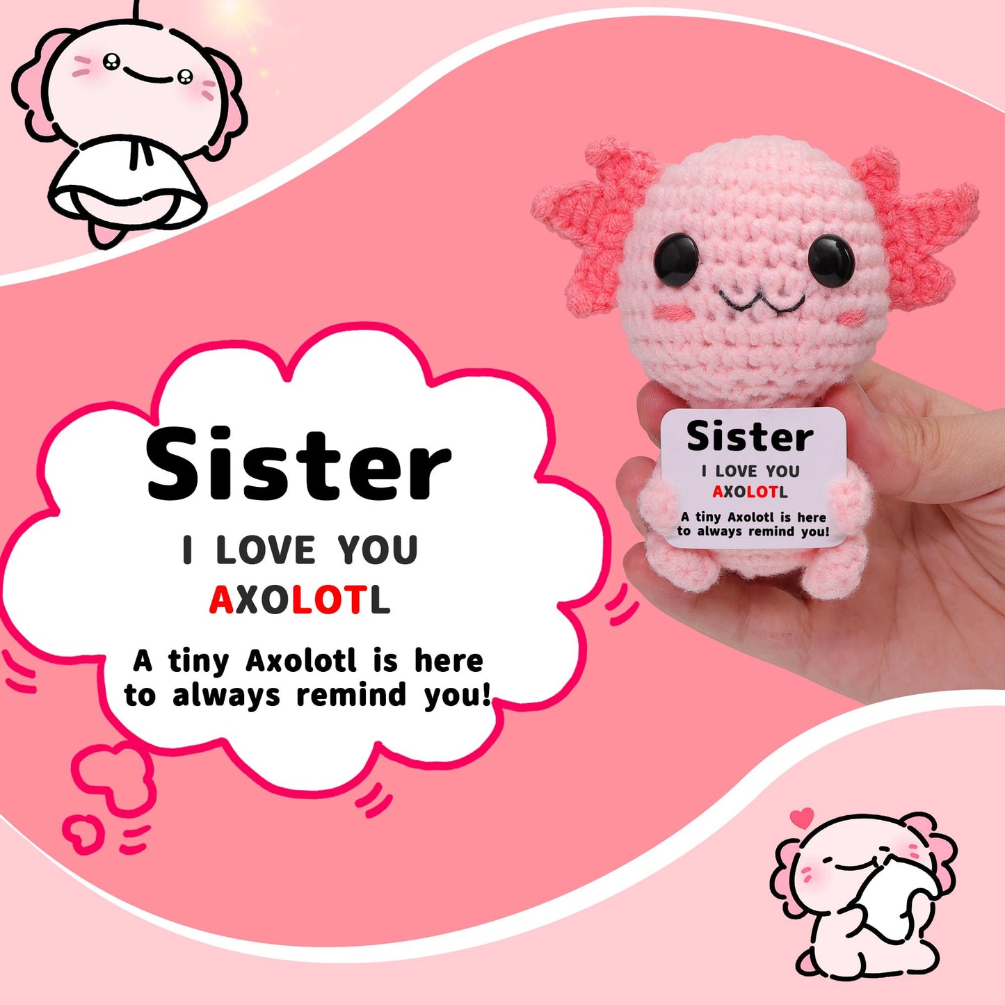 OkiyiD Mini Funny Crochet Axolotl Love Gifts for Sister  Small Handmade Axolotl Toy with 'I Love You A LOT' Card  Heartwarming Birthday Xmas Graduation Gifts from Sisters