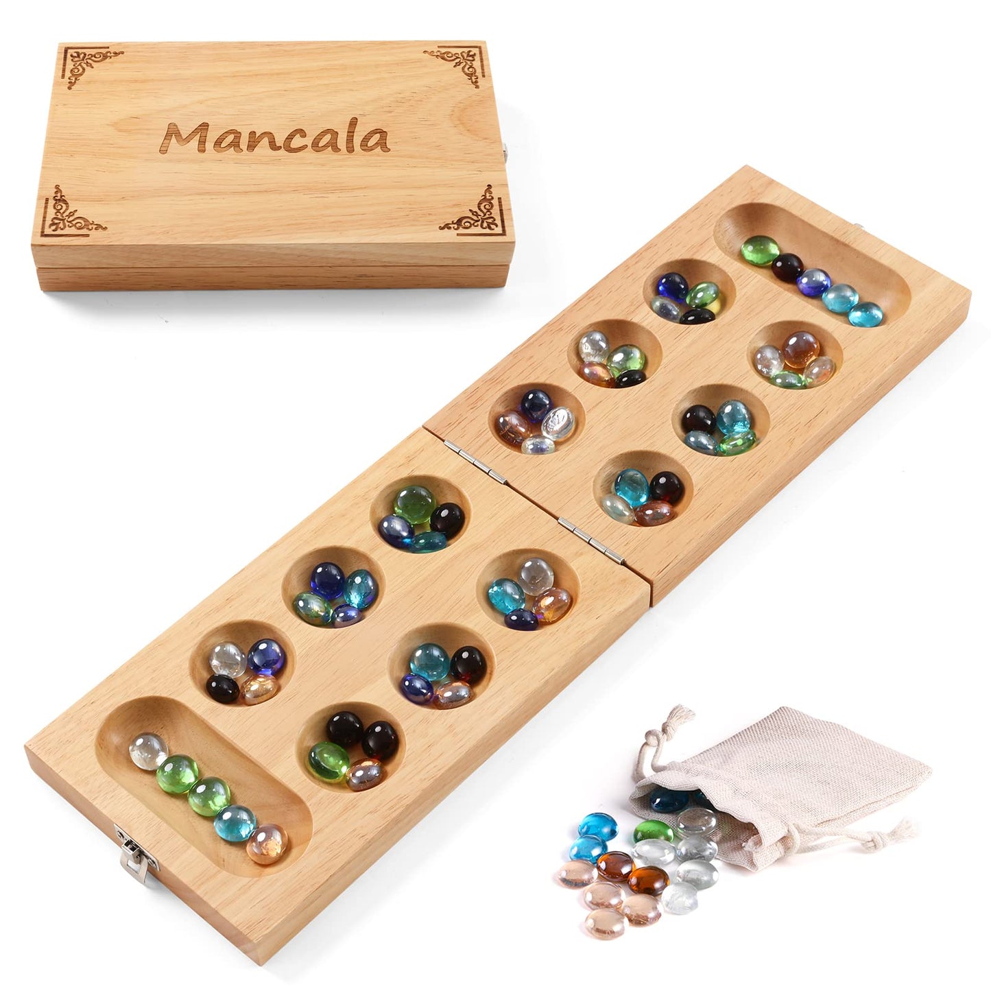 Ceebyfa Mancala Board Game For Kids, Adults & Family. Includes Folding Rubber Wood Board, 48+10 Mancala Stones & Instruction. Cl