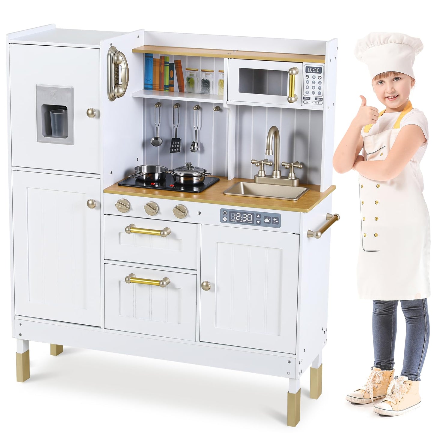 Clevich Play Kitchen, Wooden Kids Kitchen Playset, Pretend Chef Cooking Toy Set w/Realistic Lights & Sounds, Ice Maker, Telephon