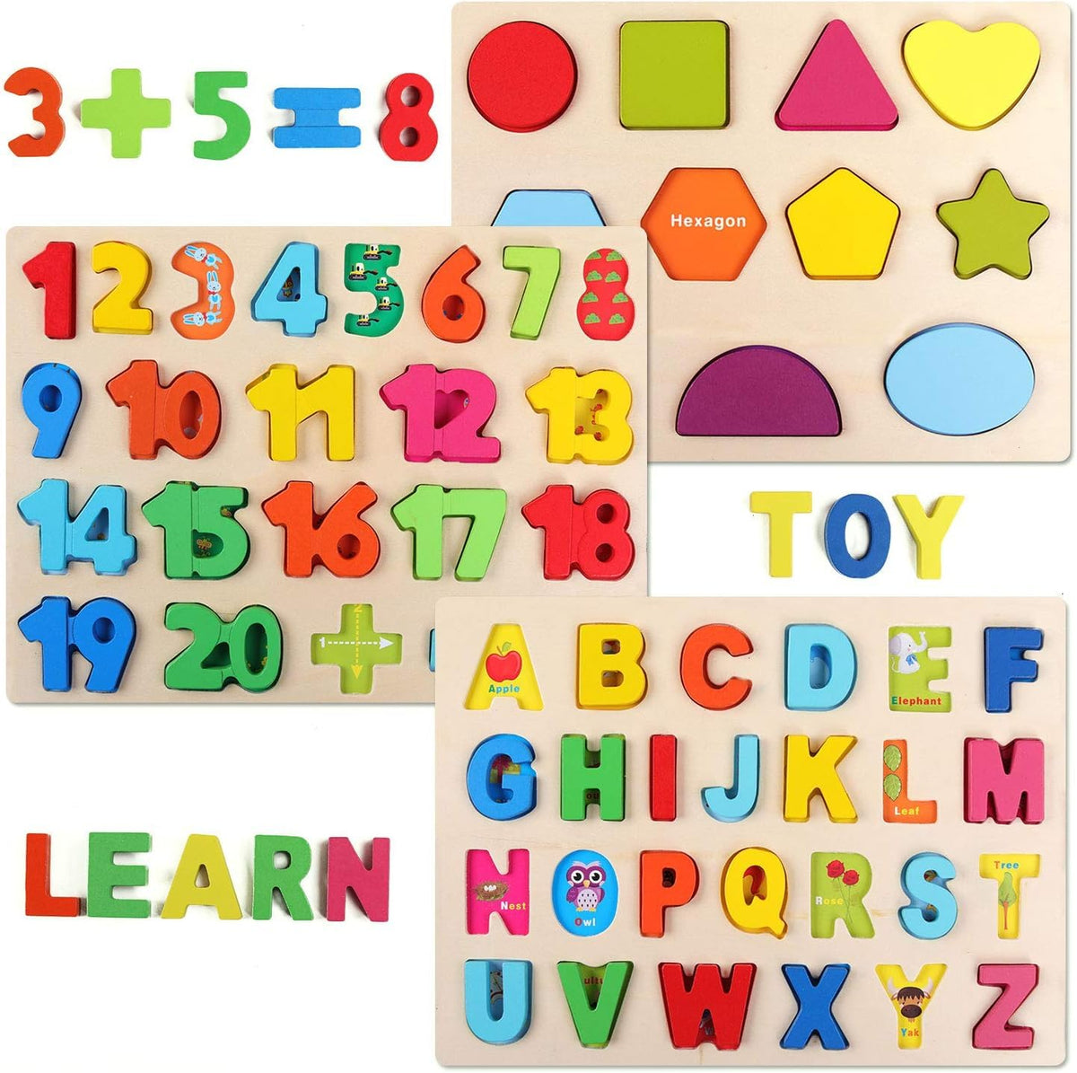 Rexez Wooden Puzzles for Toddlers, Wooden Alphabet Number Shape Puzzles Toddler Learning Puzzle Toys for Kids, 3 in 1 Puzzle for