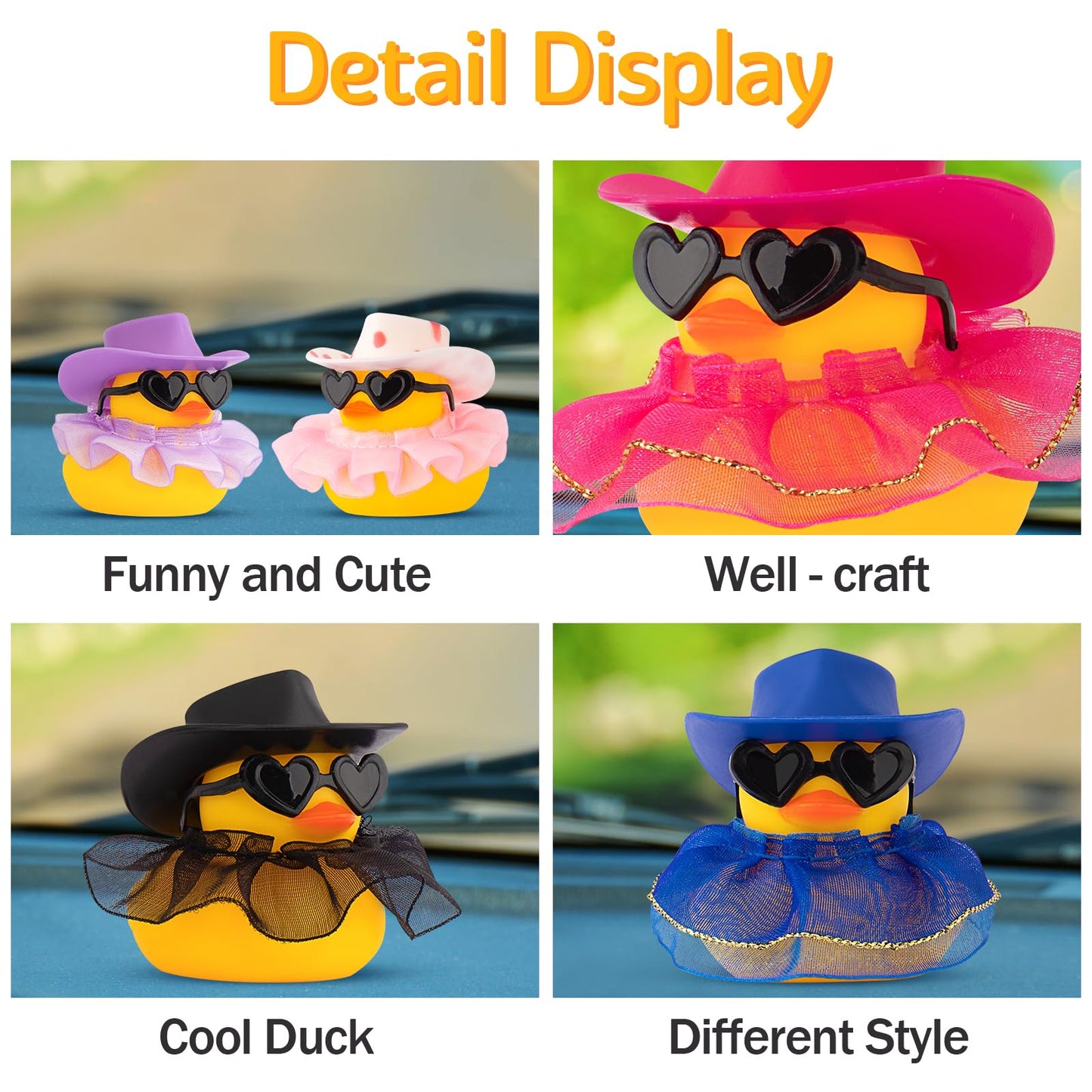 wonuu Car Decorations Cowboy Rubber Ducks, Car Ornament Ducky for Dashboard Accessories with Cowboy Hat, Black Plastic Glasses,