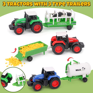 Tuzt Farm Animals Barn House Toys With 3 Tractors For Kids/ Barnyard Playset With Track/ 18 Animals Figures/ Windmill/ Water Tow