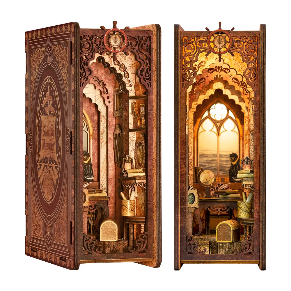 Cutefun Book Nook Kit, Diy Miniature Dollhouse Kit For Adults And Teens, 3D Wooden Puzzle Bookends, Bookshelf Insert Decor W/Led Light, Ideal New Year Gift (Sailing Memory)
