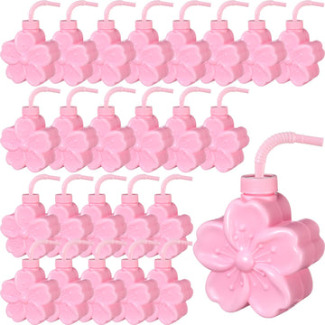 Domensi Sakura 10oz Flower Cups with Lids and Straws for Birthday, Themed Party, Wedding Baby Shower Party Decorations Supplies 