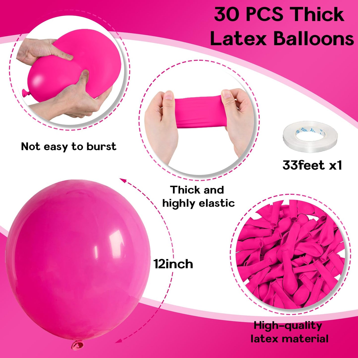 Jobkoo Hot Pink Balloons, 12 Inch 30 Pcs Fuschia Pink Balloon Magenta Latex Balloons Matte Neon Dark Pink Helium Balloons For Pr