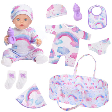 Ecore Fun 8 Pcs Baby Doll Clothes With Bassinet For 16-20 Inch Baby Doll, Rainbow Baby Doll Clothes Outfit Accessories Fit 16 To 20 Inch Baby Doll(No Doll)