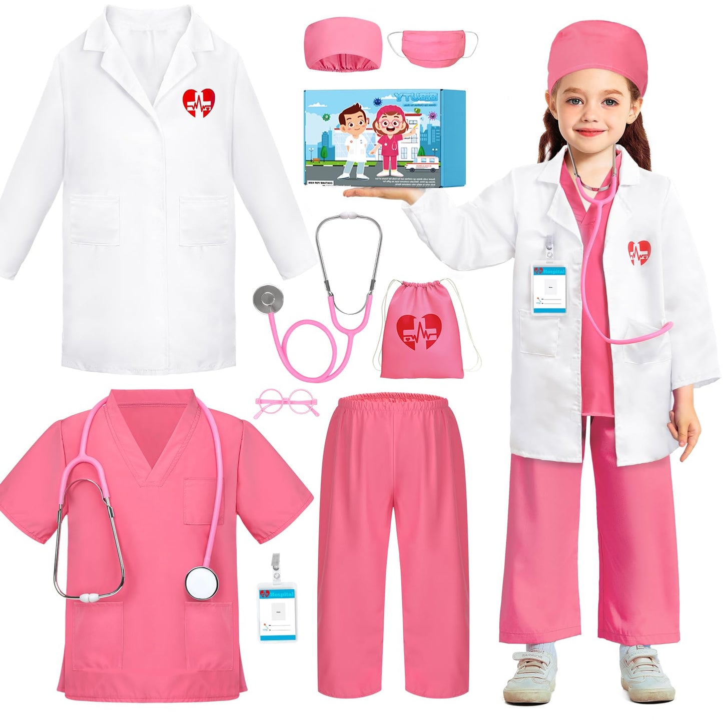 BIBUTY Doctor Costume for Girls Doctor Scrubs Costume for Kids with Lab Coat, Carry Bag, Stethoscope, Doctor Dress Up for Hallow