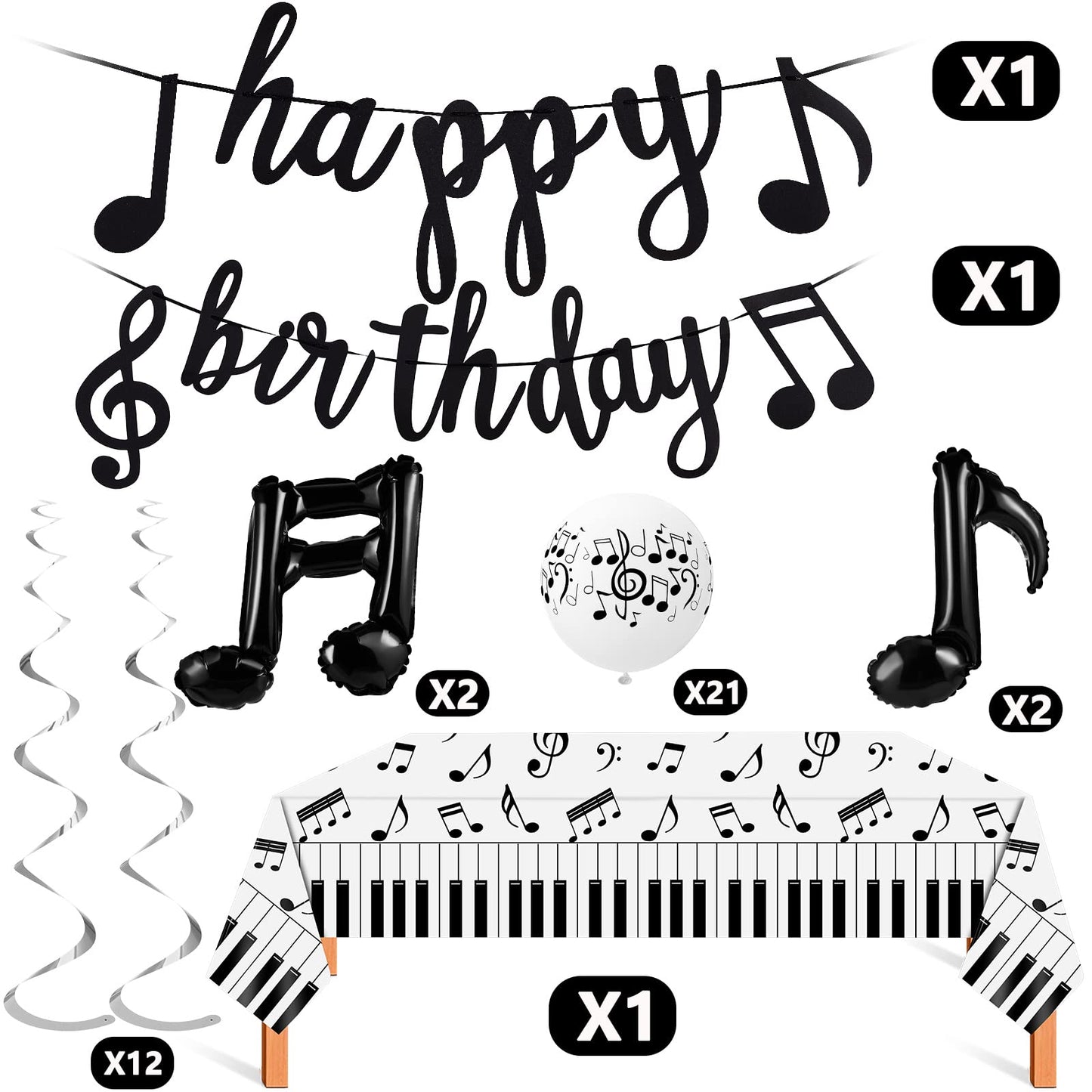 Civaner Music Theme Party Decorations Set, 40 Pieces - Black & White Latex Foil Balloons, Happy Birthday Banner & Tablecloth