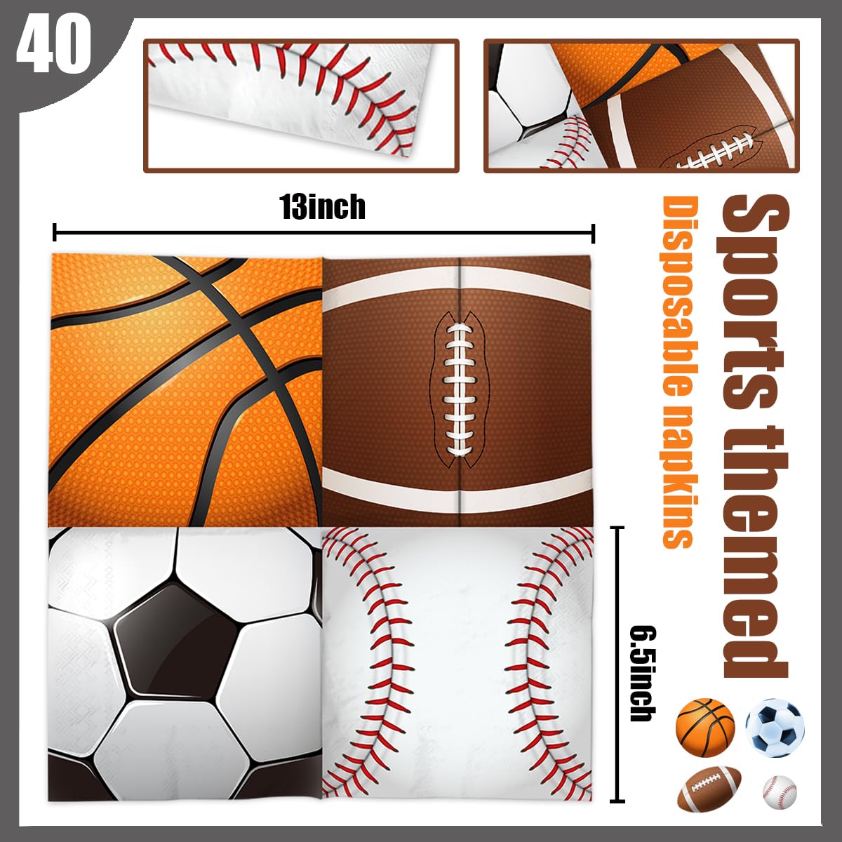 40Pcs Sports Themed Napkins-Sports Party Decorations All Star Basketball Football Baseball Soccer Disposable Paper Napkins For B