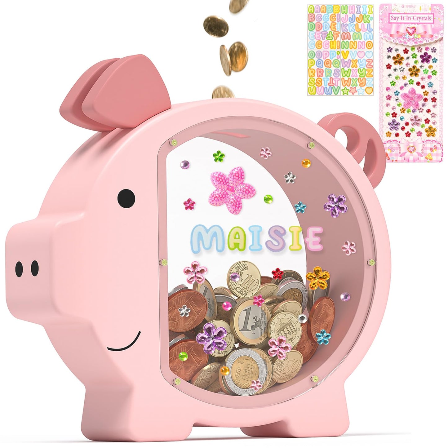 Summidate Pink Piggy Bank Girls, Unbreakable Wooden Piggy Bank For Kids, Cute Personalized Wood Money Bank With Diy Sticker, Creative Saving Money Box Birthday For Child