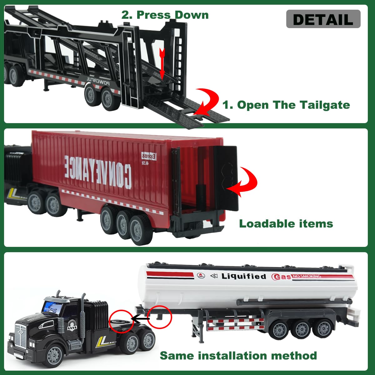 Remote Control Truck, 14'' 1:48 mini Truck Toy, equipped with 2 Rechargeable Batteries, Semi-Trailers include Car Carriers, Tank
