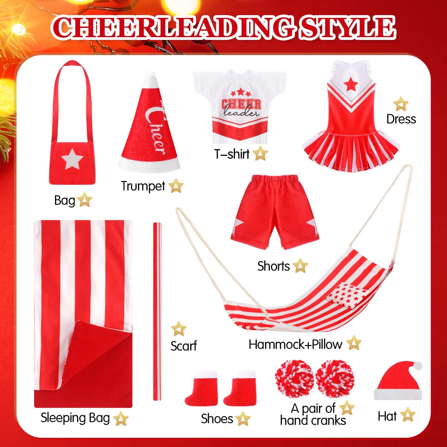 11 Pcs Christmas Elf Accessories Include Cheerleader Elf Doll Sleeping Bag Hammock Apron Chef Hat Dress Scarf Top Shorts Horn Po