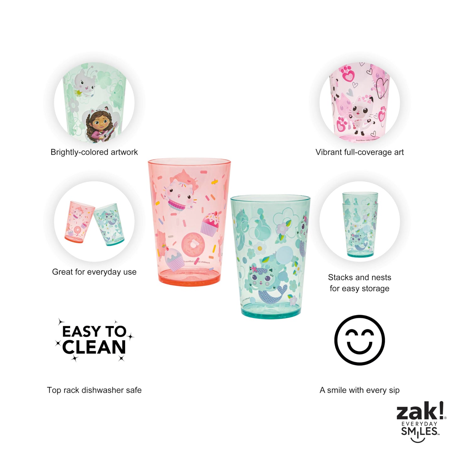 Zak Designs DreamWorks Gabbys Dollhouse Nesting Tumbler Set for At Home, 14.5oz Non-BPA Plastic Cups, 4-Pack (Gabby, Pandy Paws
