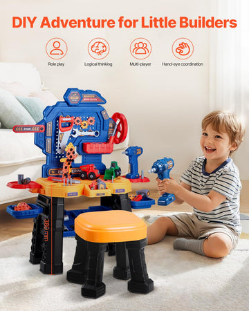 VEVOR Kids Workbench, 181 pcs, Kids Tool Bench with Realistic Tools and Electric Drill, Pretend Play Construction Workbench Toys