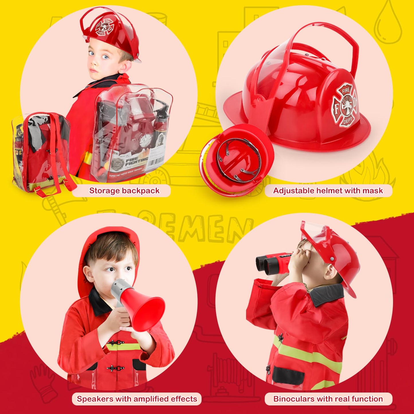 deAO Fireman Costume for Kids - 13 Pcs Toy Set, Red, 12.8 x 10.83 x 4.72 inches, Model 9982, Washable Storage