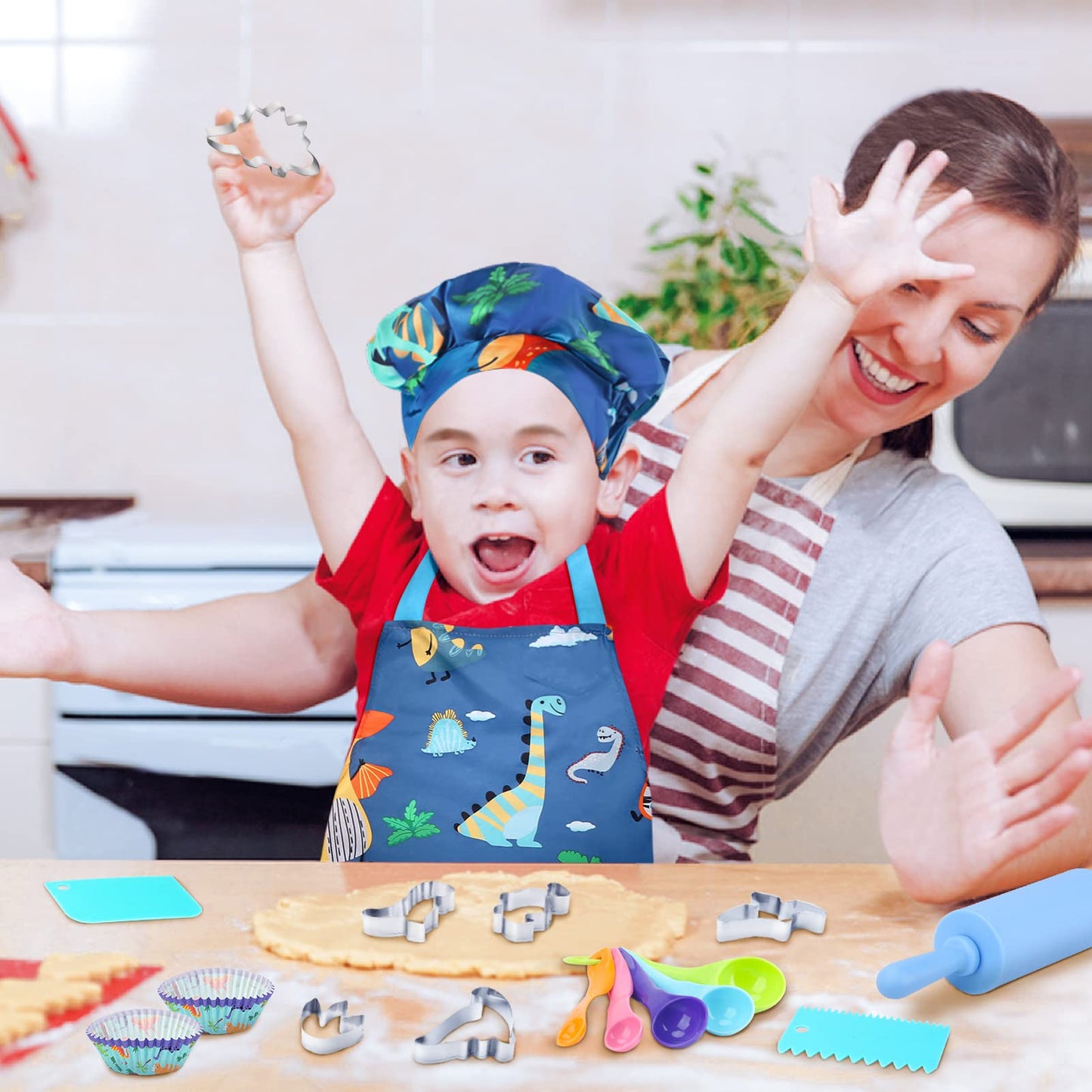 Aoskie Kids Baking Set with Dinosaur Apron and Chef Hat, Cooking Chef Set Baking Supplies Dress Up Role Play Toys Gift for 3-8 Y