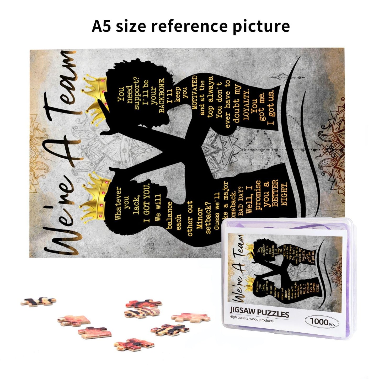 African American Puzzles for Adults 1000PCS Afro Black King and Queen Jigsaw Puzzles Black Couple Inspirational Quotes Woman Men