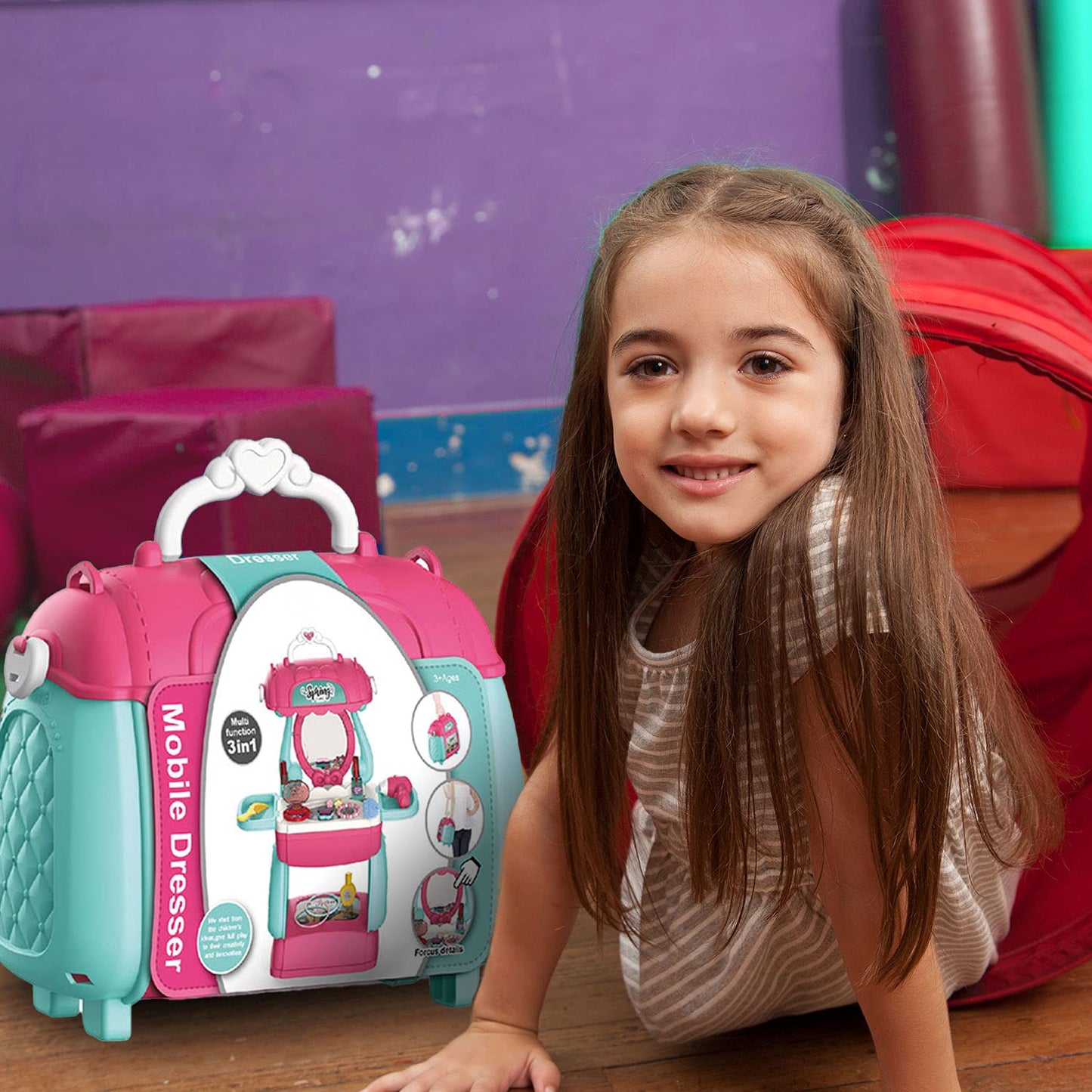 Shape28 Beauty Bag Playset Pretend Makeup Toy Set 44 Pieces Children Makeup Toy Princess Dressing Table Kids Vanity (DarkPink)
