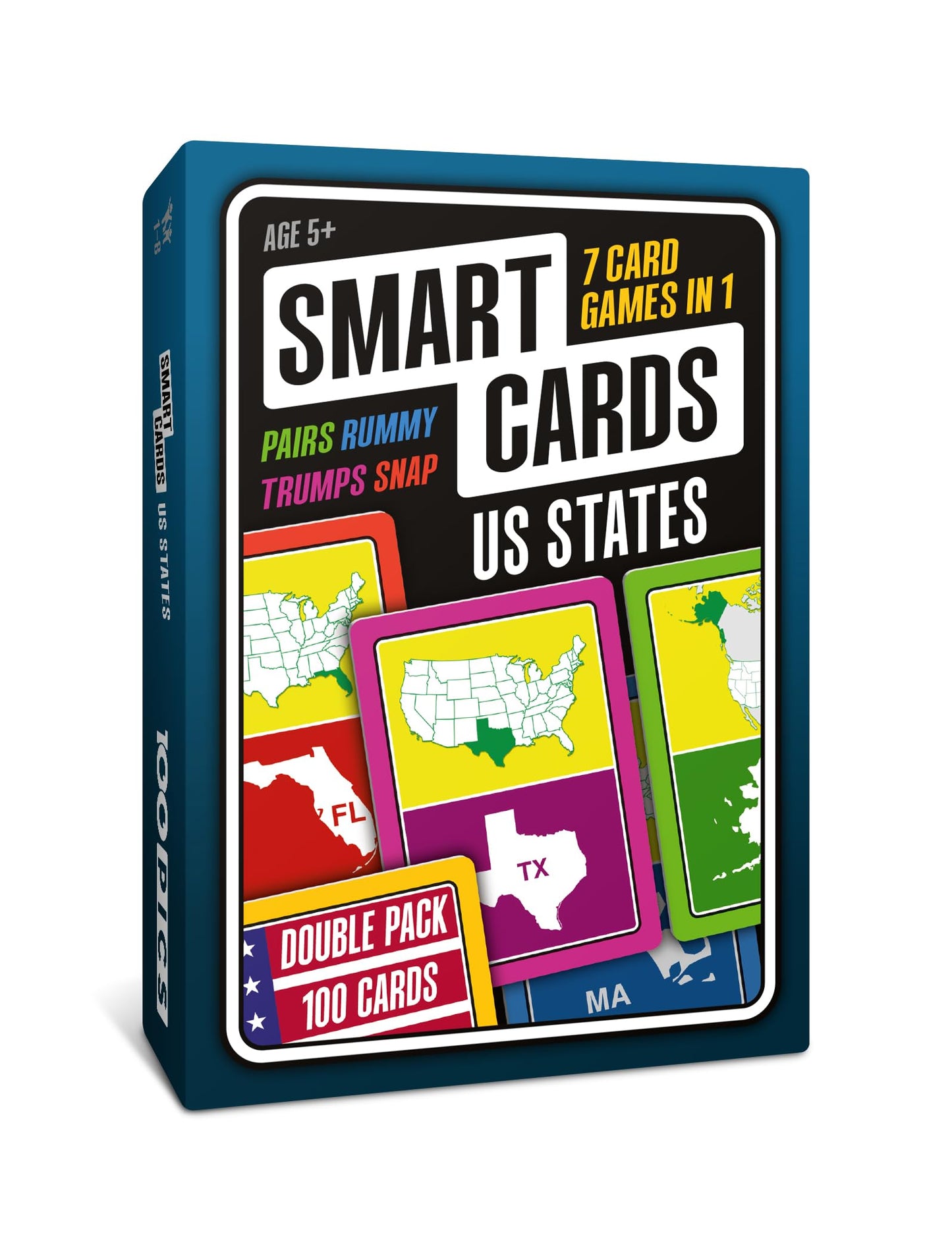 Smart Cards Us States, 7 Games In 1, Pairs, Snap, Trumps, Rummy, Quiz, Learn Facts, Travel Game, Gift, Stocking Stuffer, 100 Cards, Age 5+, 1-8 Players