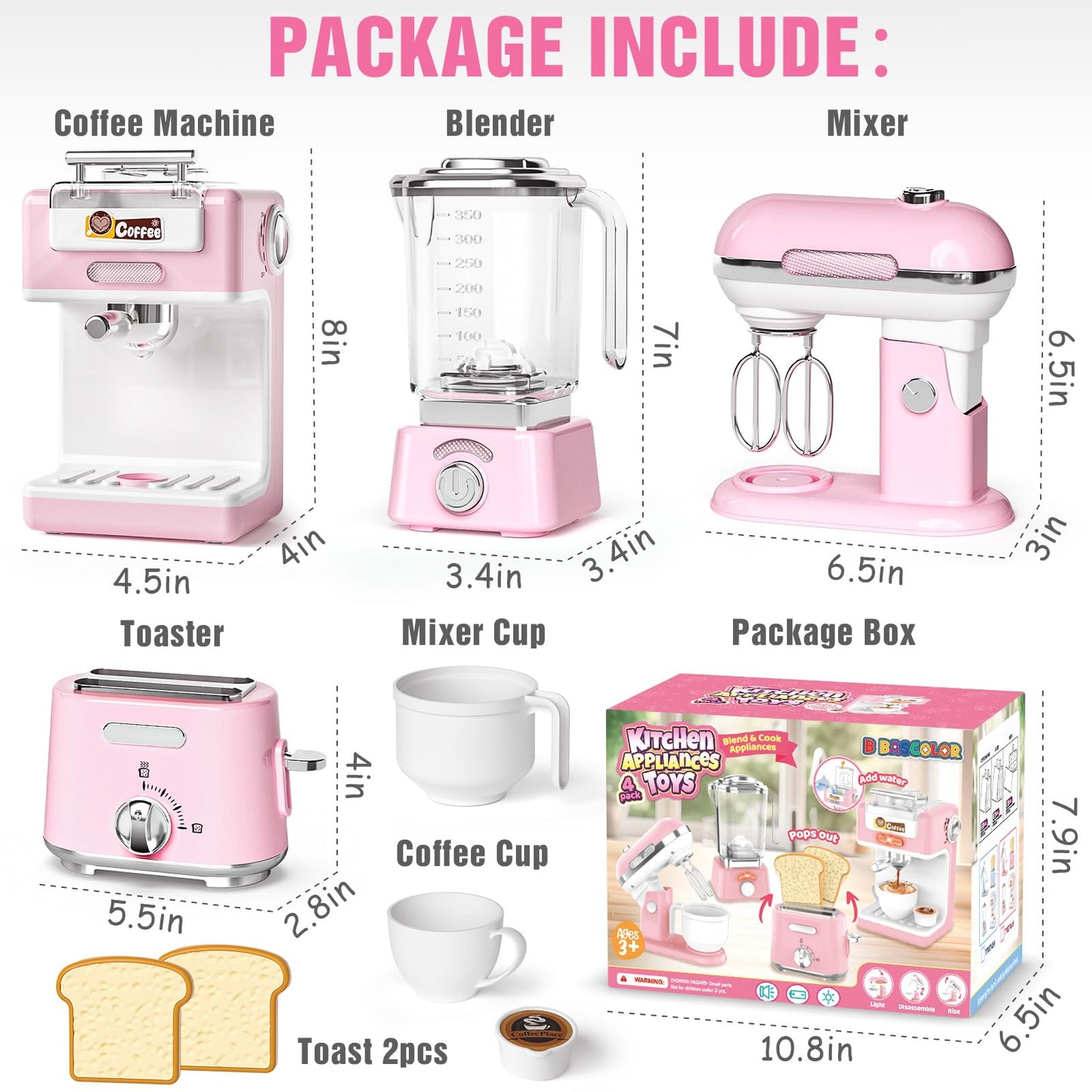 B Bascolor Pretend Play Kitchen Appliances Toy Set with Realistic Coffee Maker Machine, Toaster, Mixer and Blender, Kids Kitchen