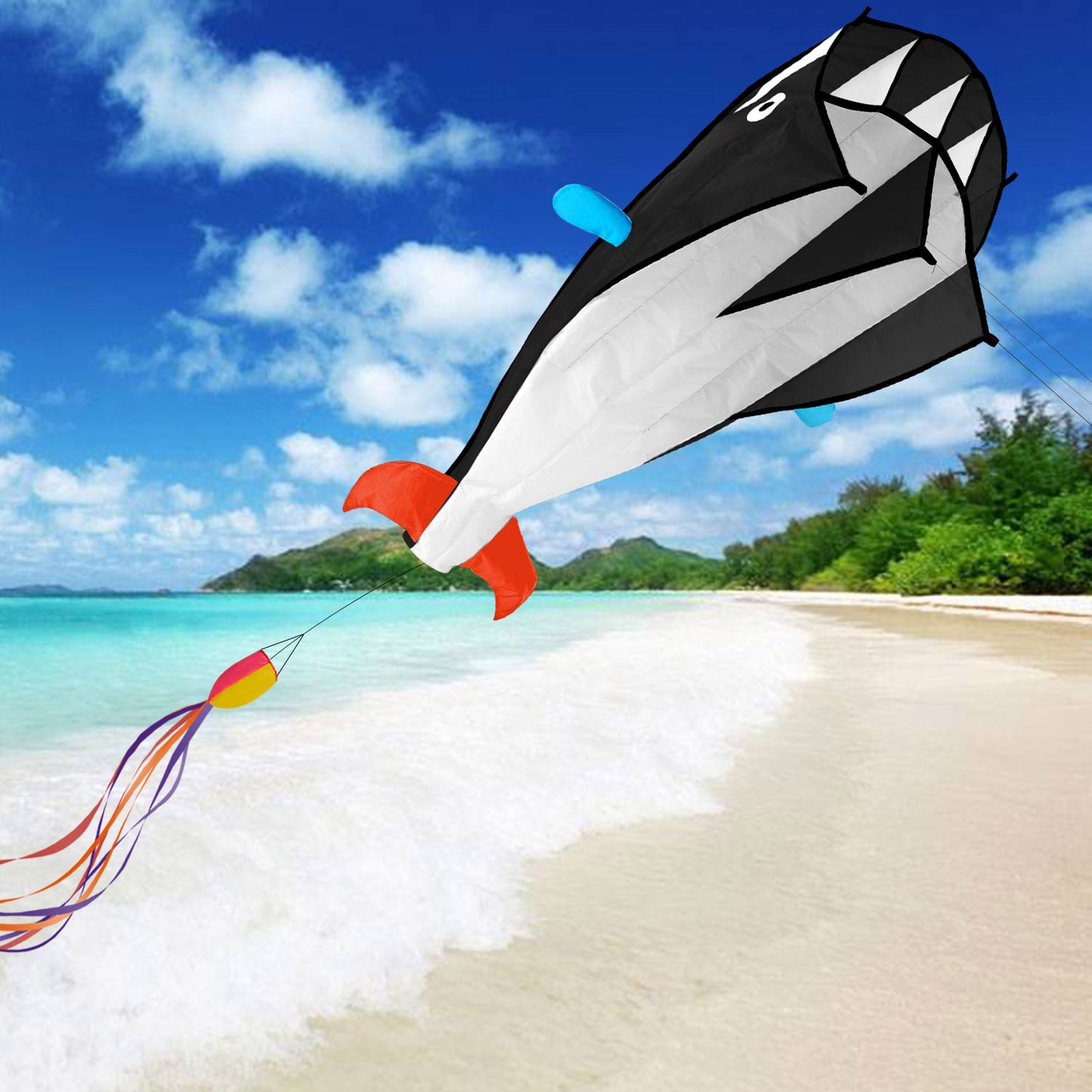 IMAGE Large 3D Black Dolphin Kite for mature-themed  82.67in*10.62in Frameless Soft Parafoil Giant Kite Easy to Fly Beginners and Perfect for The Beach  Family Activity