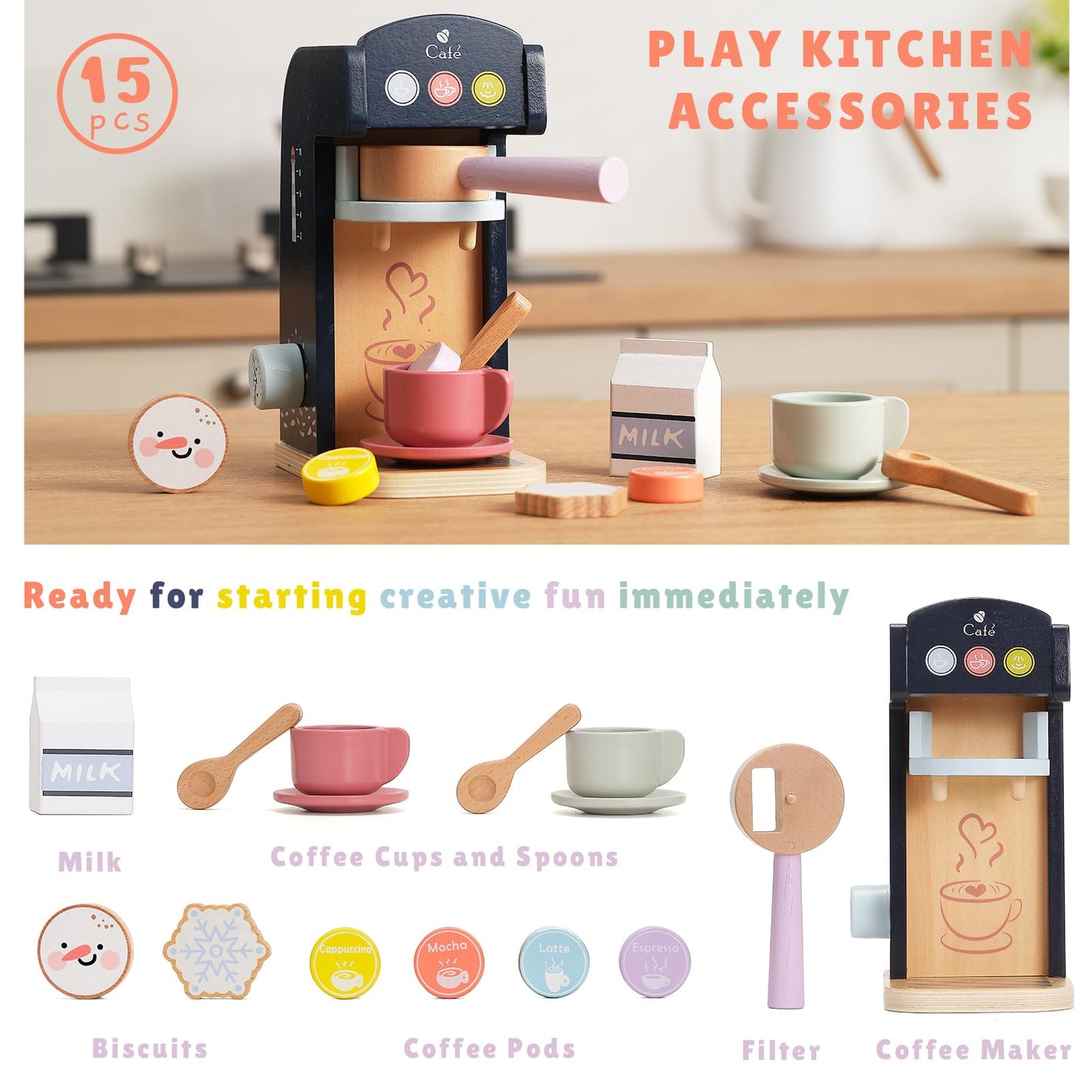 Pairpear Kids Coffee Maker Wooden Kitchen Playset, Wooden Toys Play Coffee Maker Set With Play Food For Kids, Toddler Play Kitch