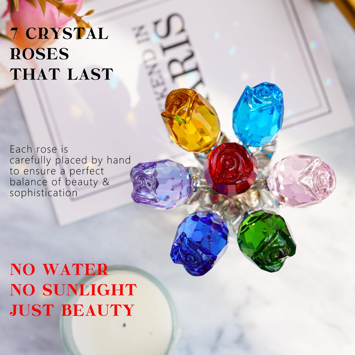 H&D HYALINE & DORA Crystal Rose Figurine - Multicolor Flower Gift for Women - Wedding Collectible with Gift Box