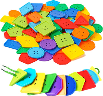 70 Pcs Montessori Lacing Threading Toy - Geometric Shaped Large Beads For Kids Crafts, Preschool Activities And Daycare Toys - A