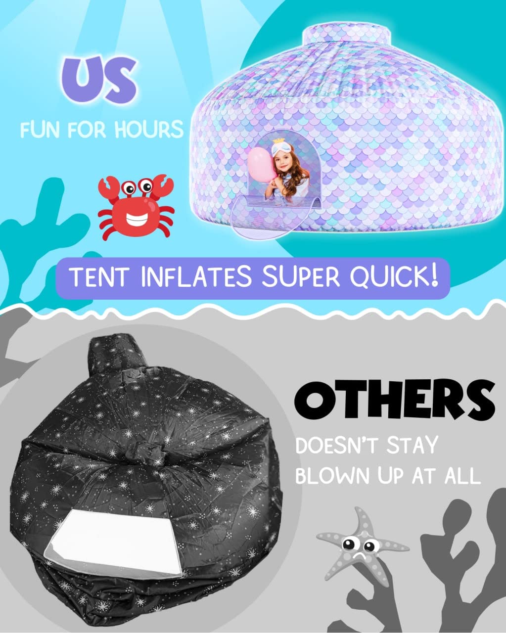 Skywin Inflatable Air Tent Fort for Kids - Large Mermaid Playhouse with Door, Purple, Polyester, Easy Setup and Storage